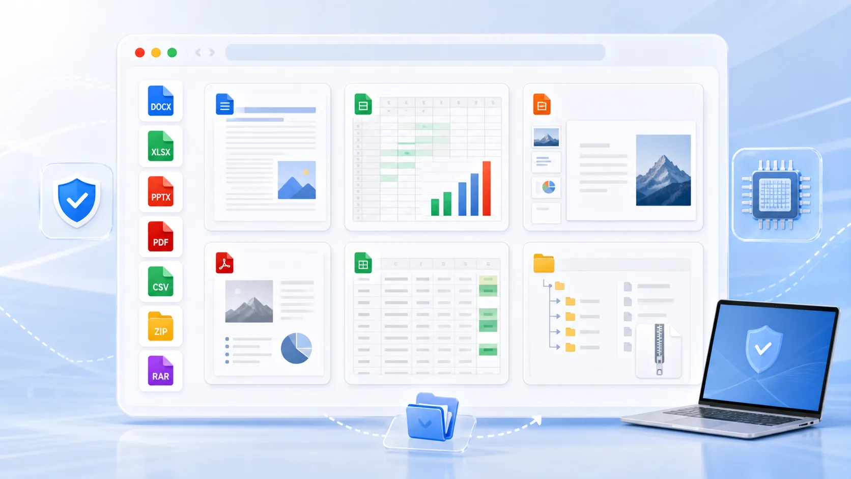 Browser office viewer showing document, spreadsheet, presentation, PDF, CSV, ZIP, and RAR previews
